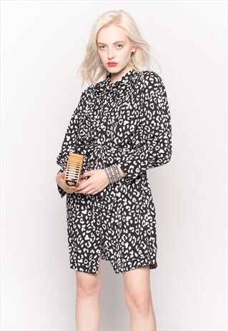LONG SLEEVE SHIRT DRESS WITH TIE WAIST IN BLACK AND WHITE