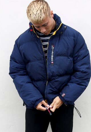 NAVY AND YELLOW REVERSIBLE TOMMY HILFIGER FLAG PUFFER JACKET