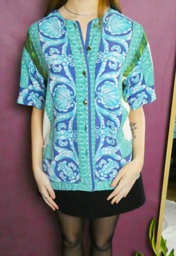 Vintage blue shell patterned blouse (Up to a 14)