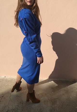 90S BELTED MIDI DRESS IN ELECTRIC BLUE WITH LONG PUFF SLEEVE
