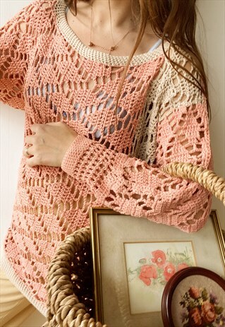 VINTAGE 80S PEACHY CROCHET KNIT BOHEME OVERSWIM BLOUSE TOP