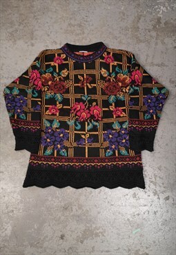 Vintage Patterned Knitted Jumper Black Flower Abstract 