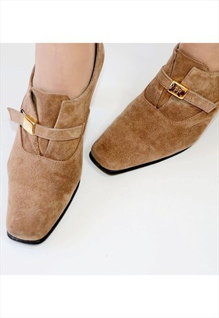 Square Toe 90s Heels Genuine Suede Leather Vintage Shoes