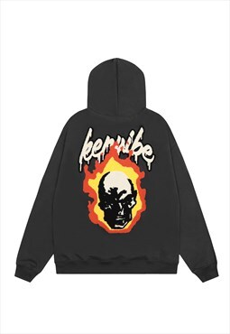 Skull hoodie flame pullover bones patchwork top in black