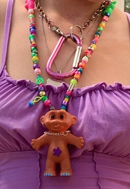 Iconic troll doll festival lighter holder w/ beaded necklace