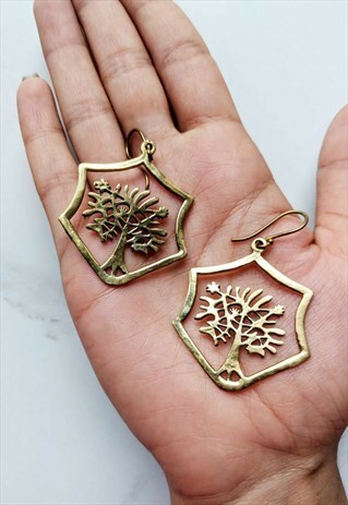 BRASS GOLD TREE OF LIFE HEXAGON EARRINGS NICKLE FREE