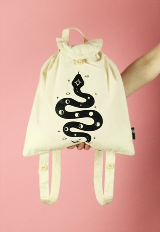 SPACE SNAKE MOON PHASE PRINT CANVAS BACKPACK - BLACK ON NATU