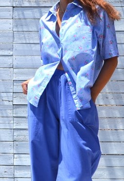 Vintage blue/white checks floral button down collar shirt.