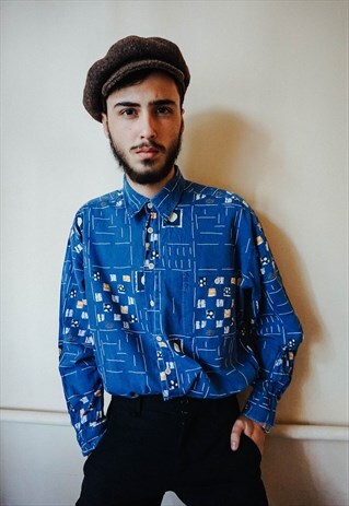 VINTAGE GEOMETRIC PATTERNED BLUE CORDUROY SHIRT
