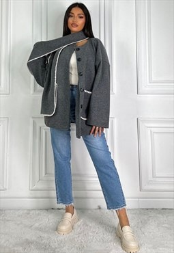 Wool Like Coat With Matching Scarf in charcoal