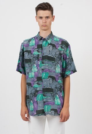 VINTAGE BLUE PURPLE BELLINO SHORT SLEEVE SILK SHIRT