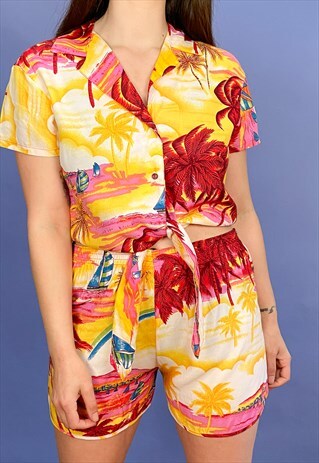 VINTAGE 90'S TROPICAL PRINT CO-ORD SHORTS & SHIRT