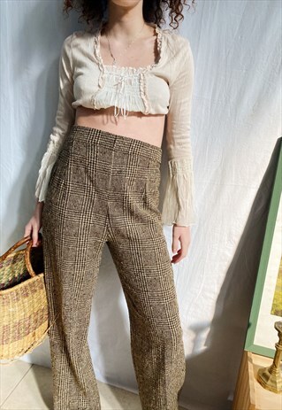 VINTAGE 70S TWEED TARTAN CHECK FLARED TAPERED TROUSERS PANTS