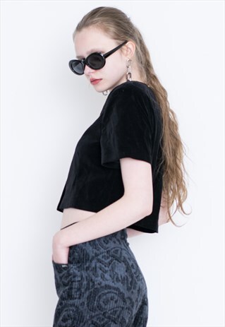 VINTAGE BLACK VELVET SHORT SLEEVE RETRO CROP TOP
