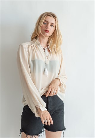 VINTAGE 70S BOHO TASSEL BLOUSE IN CREAM