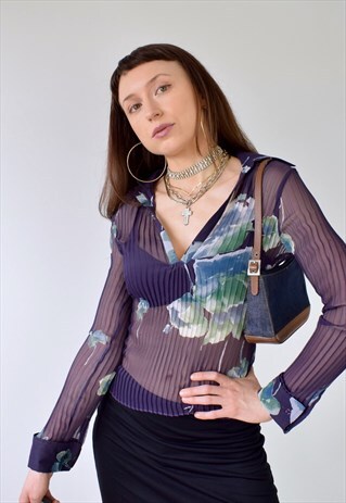 VINTAGE Y2K 90S SHEER FLOWER PRINT BLOUSE