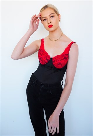 VINTAGE BLACK BODYSUIT WITH RED LACE INSERT