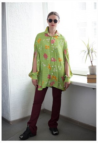 VINTAGE 80'S GREEN FLOWER PRINT OPEN SLEEVES BLOUSE