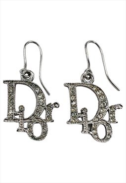 Christian Dior Earrings Logo Silver Crystal Monogram Vintage