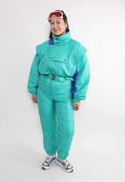 Vintage green ski suit, 90s one piece ski suit, women 