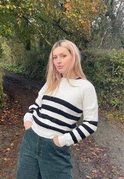 Vintage Winter Chunky Knitted Stripe Black and White Jumper