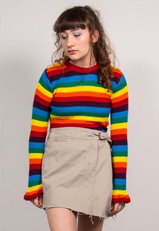 VINTAGE 90'S TAN BROWN DENIM RAW HEM MINI SKIRT