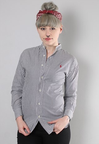 VINTAGE 90S RALPH LAUREN GREY STRIPE GRANDAD COLLAR SHIRT