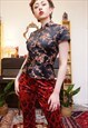 VINTAGE 90S FLORAL SATIN CHINESE STYLE TOP IN BLACK AND RED