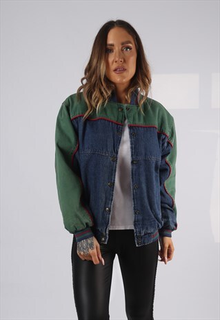 VINTAGE DENIM BOMBER JACKET OVERSIZED FITTED UK 12 (HPAD)