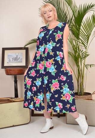 VINTAGE 90S FLORAL PRINT BUTTON-THROUGH MIDI SUMMER DRESS