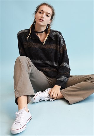 90'S RETRO JAZZY STRIPED PATTERN OVERSIZED DADS KNIT JUMPER