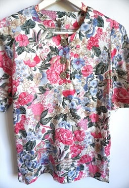 Vintage Womens Floral Flowers Blouse Shirt Cotton