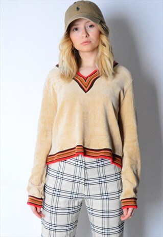 VINTAGE 80S BEIGE STRIPED V-NECK VELVET TOP