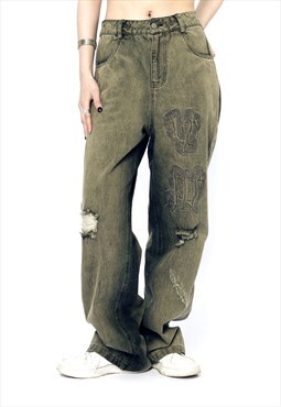 Ripped jeans washed out embroidery denim pants in green