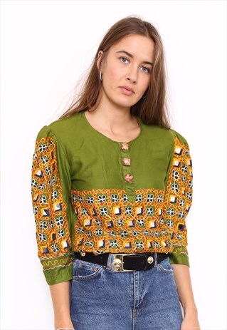 VINTAGE 90S INDIAN GREEN EMBROIDERED MIRROR TOP