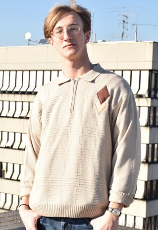 BEIGE VINTAGE 1/4 ZIP GRANDDAD STYLE STRUCTURED JUMPER