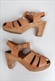 FUNKIS SWEDISH FORMS SANDALS TAN LEATHER WOODEN CLOG HEELS