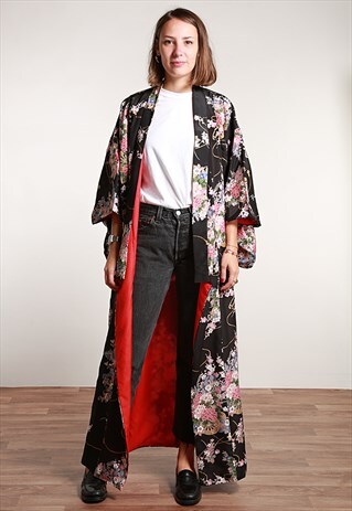 BLACK SILK KIMONO - L