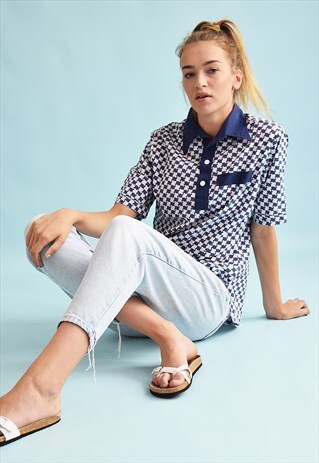 90'S RETRO DOGTOOTH PRINT OVERSIZED TOP T-SHIRT TEE