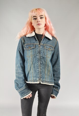 VINTAGE SHERPA LINED ZIP UP DENIM JACKET