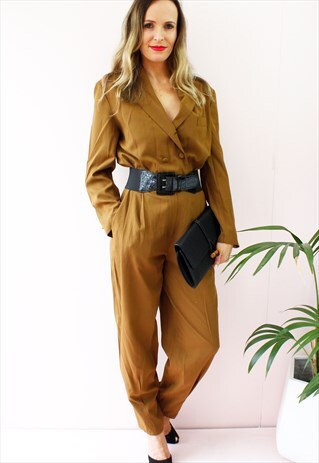 VINTAGE 80'S KHAKI LONG SLEEVE CROSSOVER FITTED JUMPSUIT