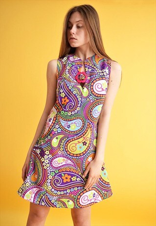 60'S RETRO HIPPIE PSYCHEDELIC ABSTRACT PATTERN MINI DRESS