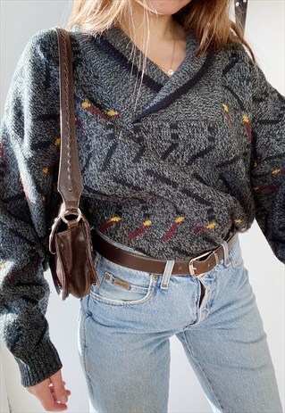 VINTAGE 80S ABSTRACT PATTERN KNIT OVERSIZED UNISEX JUMPER