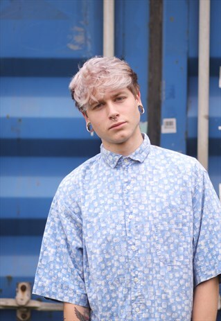 VINTAGE 90'S BLUE SHORT SLEEVED SQUARE PATTERN SHIRT