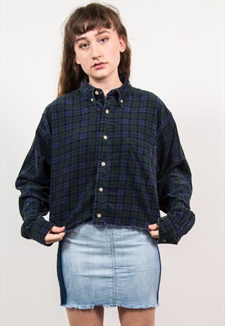 VINTAGE 90'S DARK GREEN CHECKED TARTAN CROPPED CORD SHIRT
