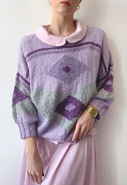 Vintage 80's Spring Lilac Loose Abstract Light Knit Jumper