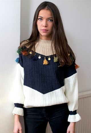 COLOR BLOCK KNITTED JUMPER WITH TASSELS