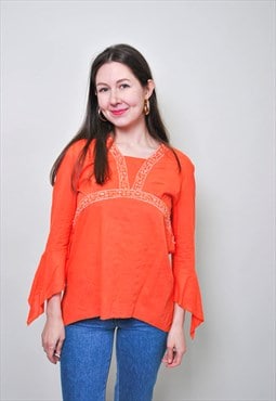 Orange hippie shirt, cotton vintage blouse with cute flowers