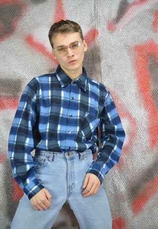 VINTAGE BLUE CLASSIC CHECKERED FLEECE SWEATSHIRT SHIRT