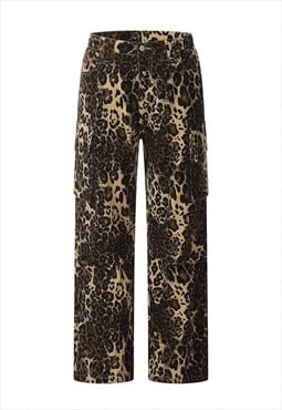 Flared leopard jeans animal print denim pants cargo pocket